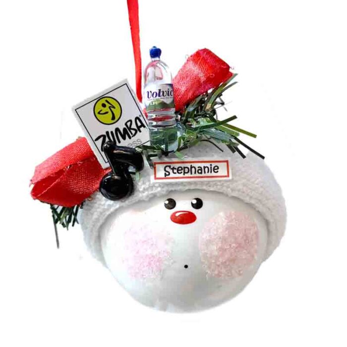 A vibrant Exercise Instructor Christmas Ornament featuring a water bottle and a black music note. Perfect for fitness enthusiasts and Zumba lovers. Ideal for adding a touch of energy to your holiday decor.