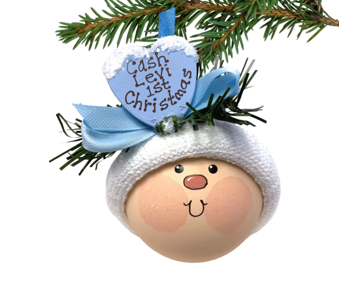 Grandson's First 1st Christmas Gift Ornaments Personalized Wood Heart with Name BABY FACE SAMPLE