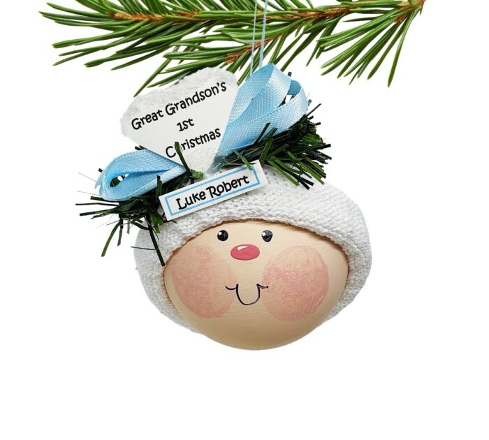 Great Grandson's First 1st Christmas Ornaments White Heart Townsend Custom Gifts BABY FACE CA23 SAMPLE