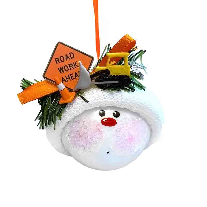 A vibrant Construction Christmas Ornament featuring a road sign, bulldozer, and traffic cone. Ideal for construction enthusiasts and professionals