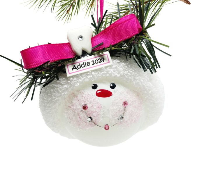 Girl Braces Orthodontist Christmas Gift Ornaments Rhinestone Tooth Personalized Pink Cheeks Rose Ribbon SAMPLE - Image 2