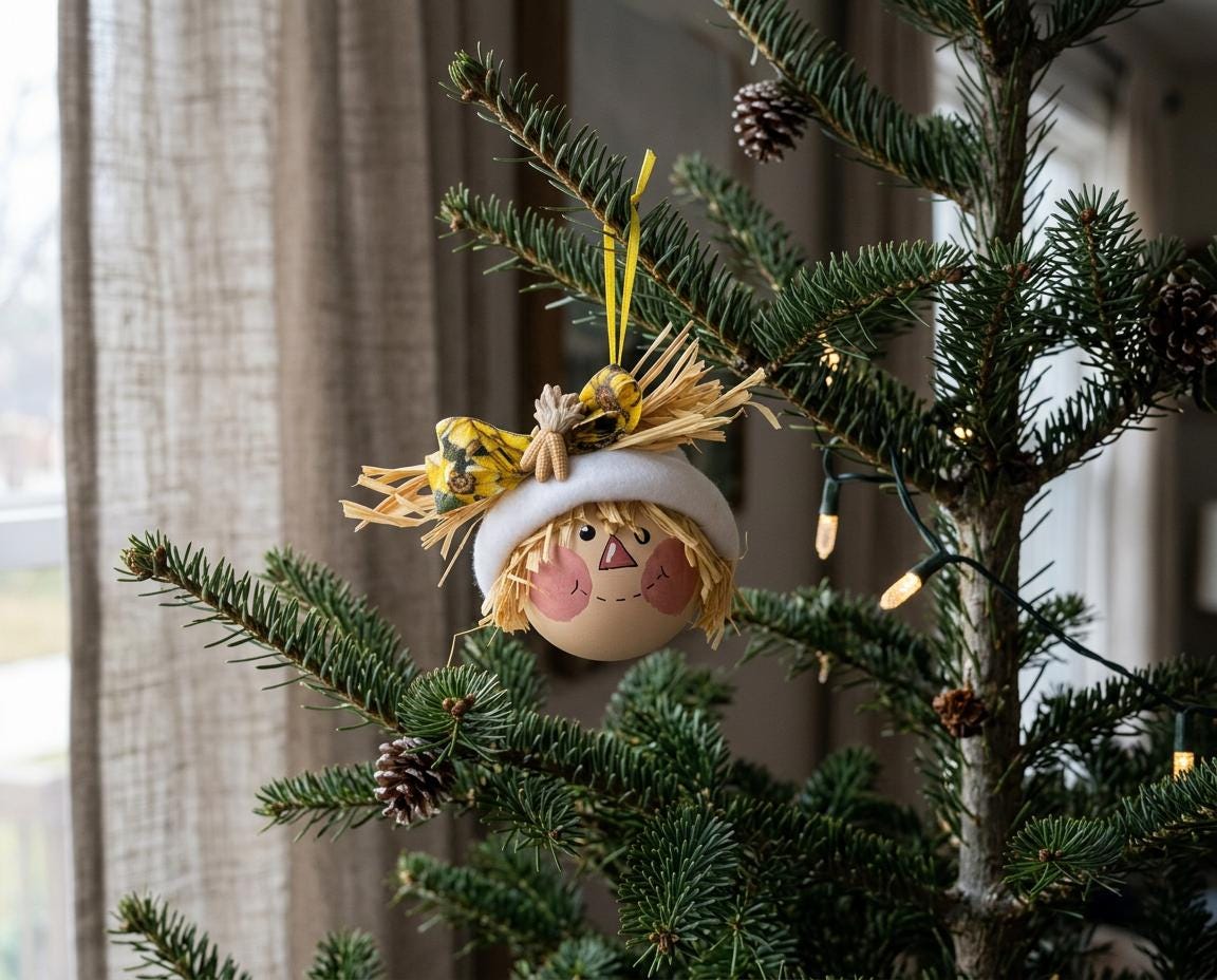 Hand Painted Scarecrow Ornament, Rustic Fall Christmas Ornament, Scarecrow with Straw embellishments - Image 2